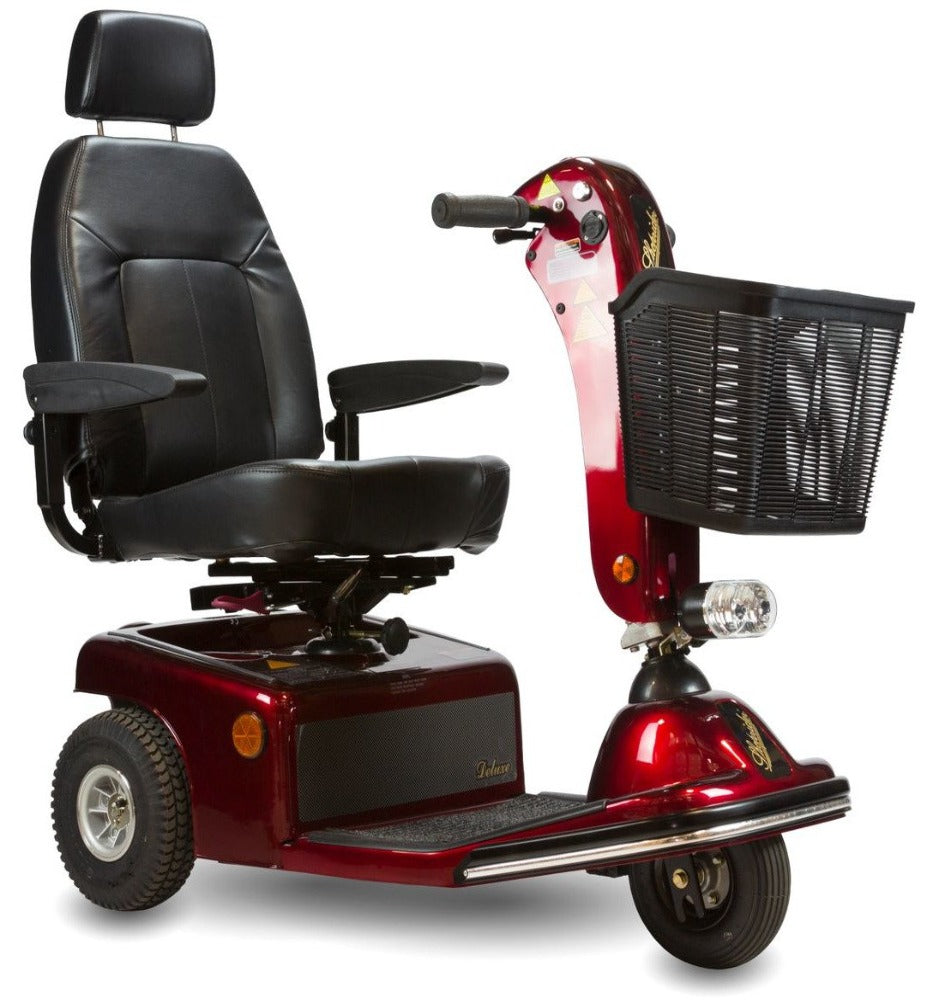 SIDE IMAGE OF THE sunrunner 3 wheel mobility mid size scooter by shoprider with a basket attached in the front - PUREUPS 