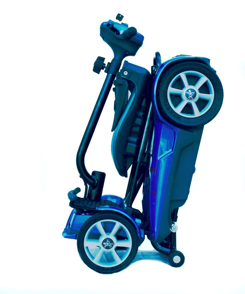 Ev rider transport 4AF four wheel scooter - folded -color black and blue - side image - PUREUPS 