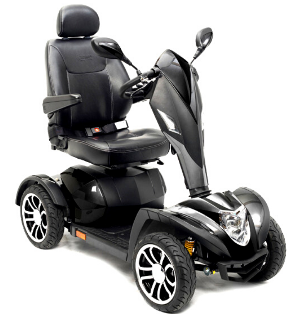 Cobra Gt4 outdoor heavy duty power scooter- color black - padded armrest - captain seat with a head rest - fully assembled - full front image - PUREUPS 