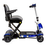Side image of the drive medical zoome auto flex mobility travel friendly scooter - color black and blue - fully assembled- unfolded - 4 wheeled type of scooter- PUREUPS 