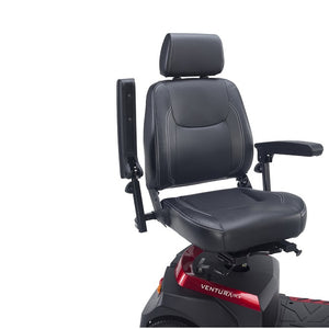 A close up image of the drive medical ventura DLX 3 wheel scooter's captain seat with armrest lifted up - PUREUPS 