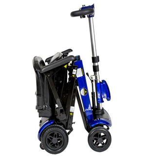 drive medical ZooMe auto flex folding travel compact portable mobility four wheel scooter- fully folded - color blue and black - PUREUPS 