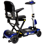SIDE image of the drive medical zoome mobility travel scooter - fully assembled - unfolded - color blue and black - 4 wheeled type scooter- 2 anti tip wheel in the back to ensure safety- PUREUPS 