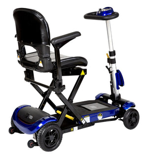 SIDE image of the drive medical zoome mobility travel scooter - fully assembled - unfolded - color blue and black - 4 wheeled type scooter- 2 anti tip wheel in the back to ensure safety- PUREUPS 