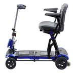 Side image of the drive medical zoome flex mobility 4 wheeled electric scooter- fully assembled - unfolded- adjustable delta tiller- fully UNFOLDED- color black and blue - PUREUPS 