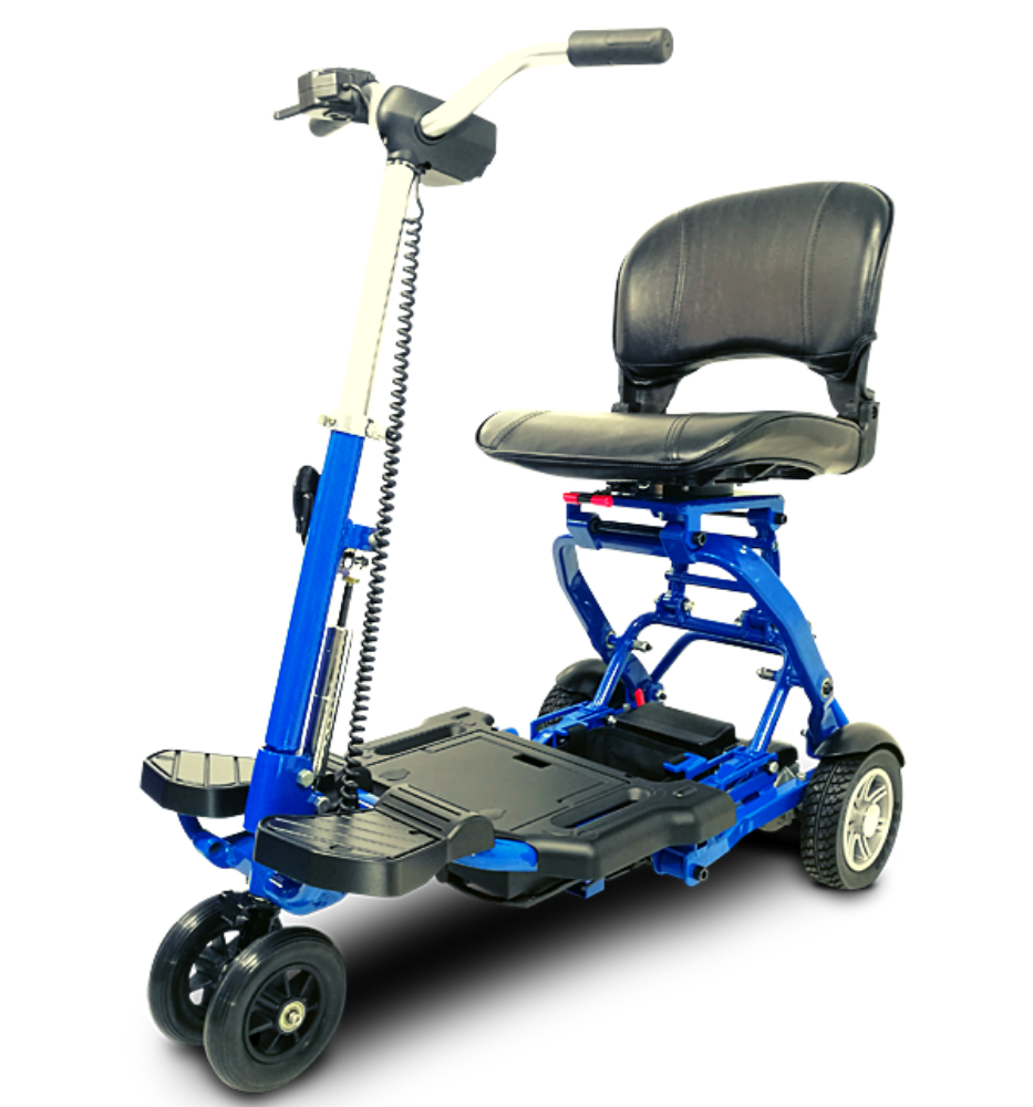 EVRIDER-MINIRIDER-FOLDING-TRAVEL PORTABLE LIGHTWEIGHT 4 WHEEL SCOOER - COLOR BLUE AND BLACK - UNFOLDED- FULLY ASSEMBLED -PUREUPS 