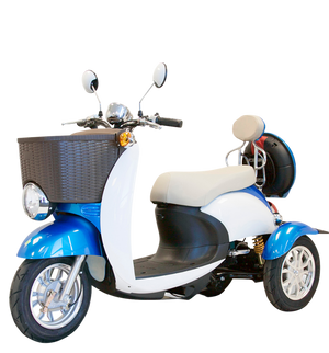 EWHEELS- ew-11 EURO style- 3 wheel recreational full size mobility scooter- three wheel - color blue and beige with attached basket in the front - PUREUPS 