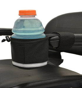 EWHEELS CUP HOLDER ATTACHED TO A MOBILITY SCOOTER'S ARMREST  WITH BOTTLE OF WATER INSIDE IT - PUREUPS 