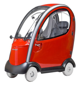 shoprider flagship mobility scooter - color red - four wheel with 2 doors on the sides - looks like a mini car - PUREUPS 
