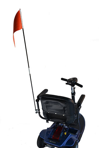 Safety folding mobility aid flag unfolded and mounted in the back of a scooter- flag's color orange- PUREUPS  