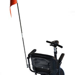 Safety folding mobility aid flag unfolded and mounted in the back of a scooter- flag's color orange- PUREUPS  