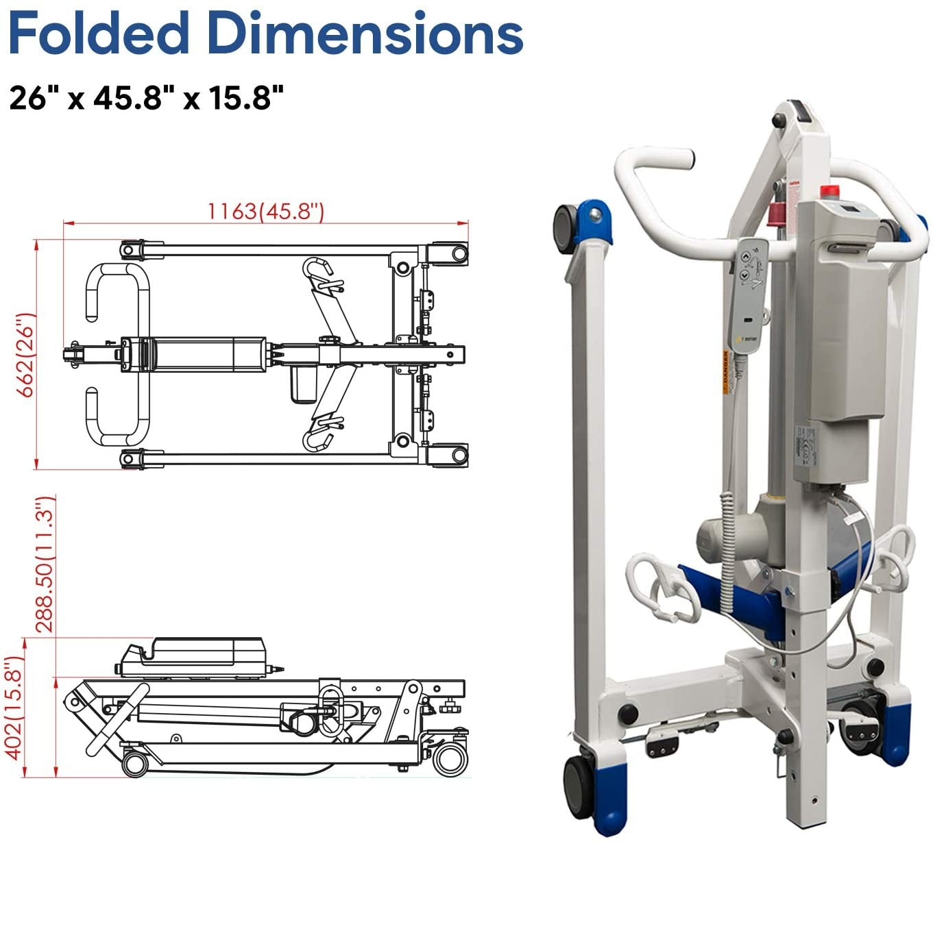 Protekt® Take-A-Long Folding Electric Patient Lift folded dimensions 