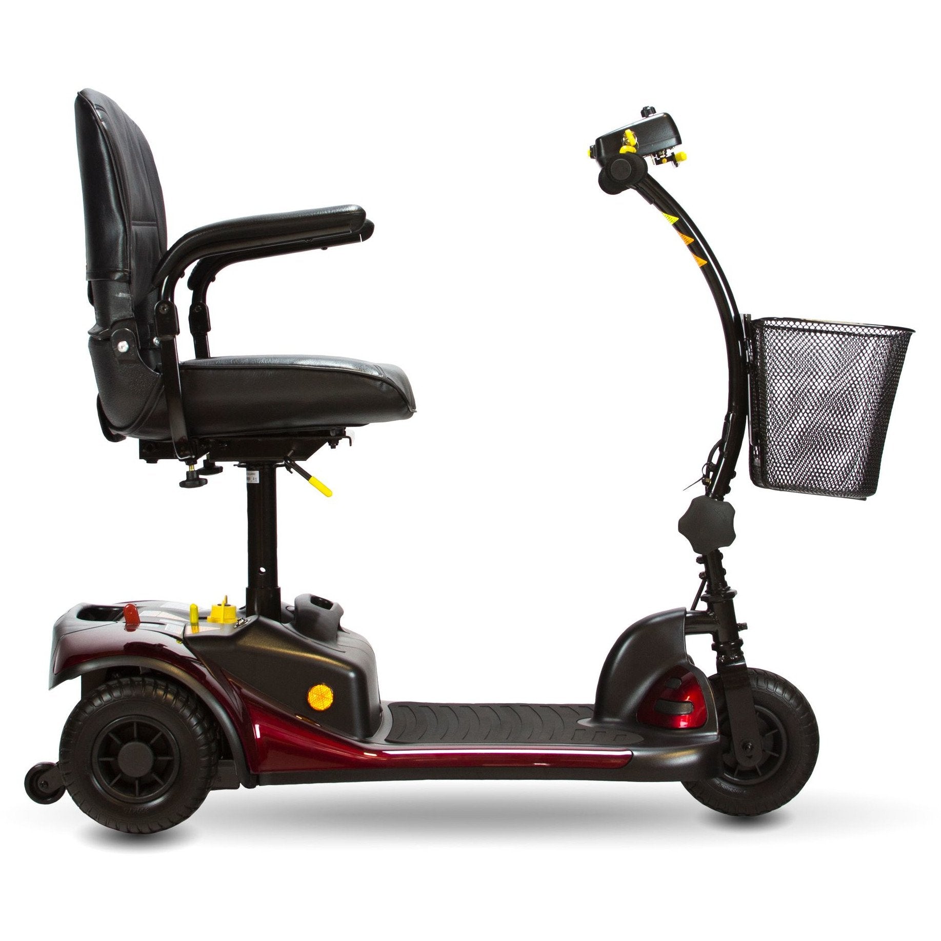 Side view of the dasher 3 travel friendly portable lightweight mobility scooter - color red and black - pureups 