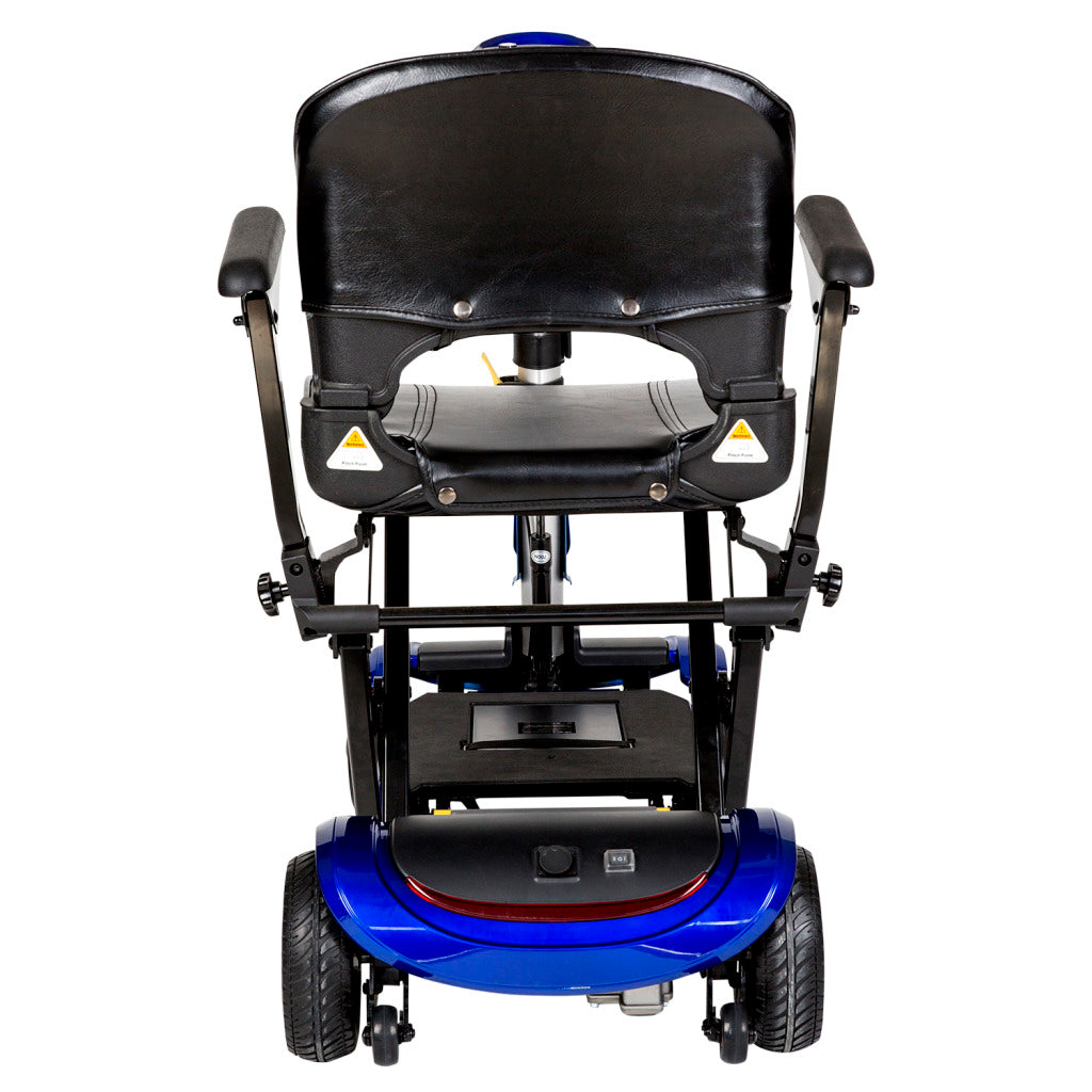 Back image of the drive medical zoome auto flex mobility scooter- fully assembled - unfolded- color blue and black - PUREUPS