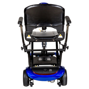 Back image of the drive medical zoome auto flex mobility scooter- fully assembled - unfolded- color blue and black - PUREUPS