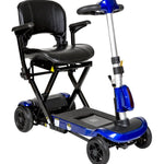 drive medical zoome auto flex travel folding scooter - four wheel- unfolded- fully assembled - color blue and black - padded seat and armrest- fully assembled - PUREUPS 