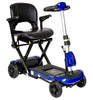 drive medical zoome auto flex travel folding scooter - four wheel- unfolded- fully assembled - color blue and black - padded seat and armrest- fully assembled - PUREUPS 