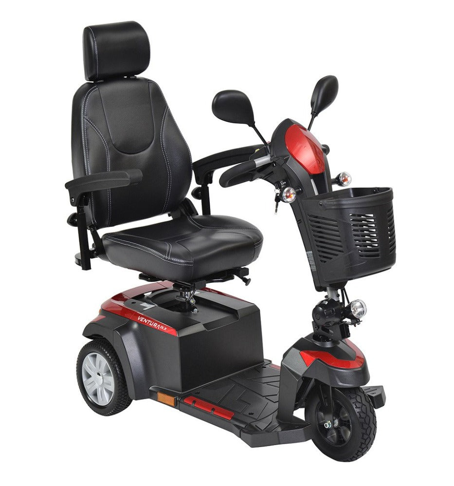 Drive medical ventura DLX 3 wheel powered scooter- fully assembled - color red and black - PUREUPS 