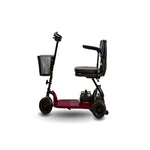 side view of the shoprider echo three wheel mobility scooter with a basket attached in the front -PUREUPS 