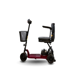 side view of the shoprider echo three wheel mobility scooter with a basket attached in the front -PUREUPS 