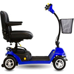 side view of the 7A shoprider escape foldable travel friendly mobility scooter color blue and black with an attached basket in the front- PUREUPS