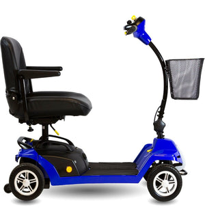 side view of the 7A shoprider escape foldable travel friendly mobility scooter color blue and black with an attached basket in the front- PUREUPS