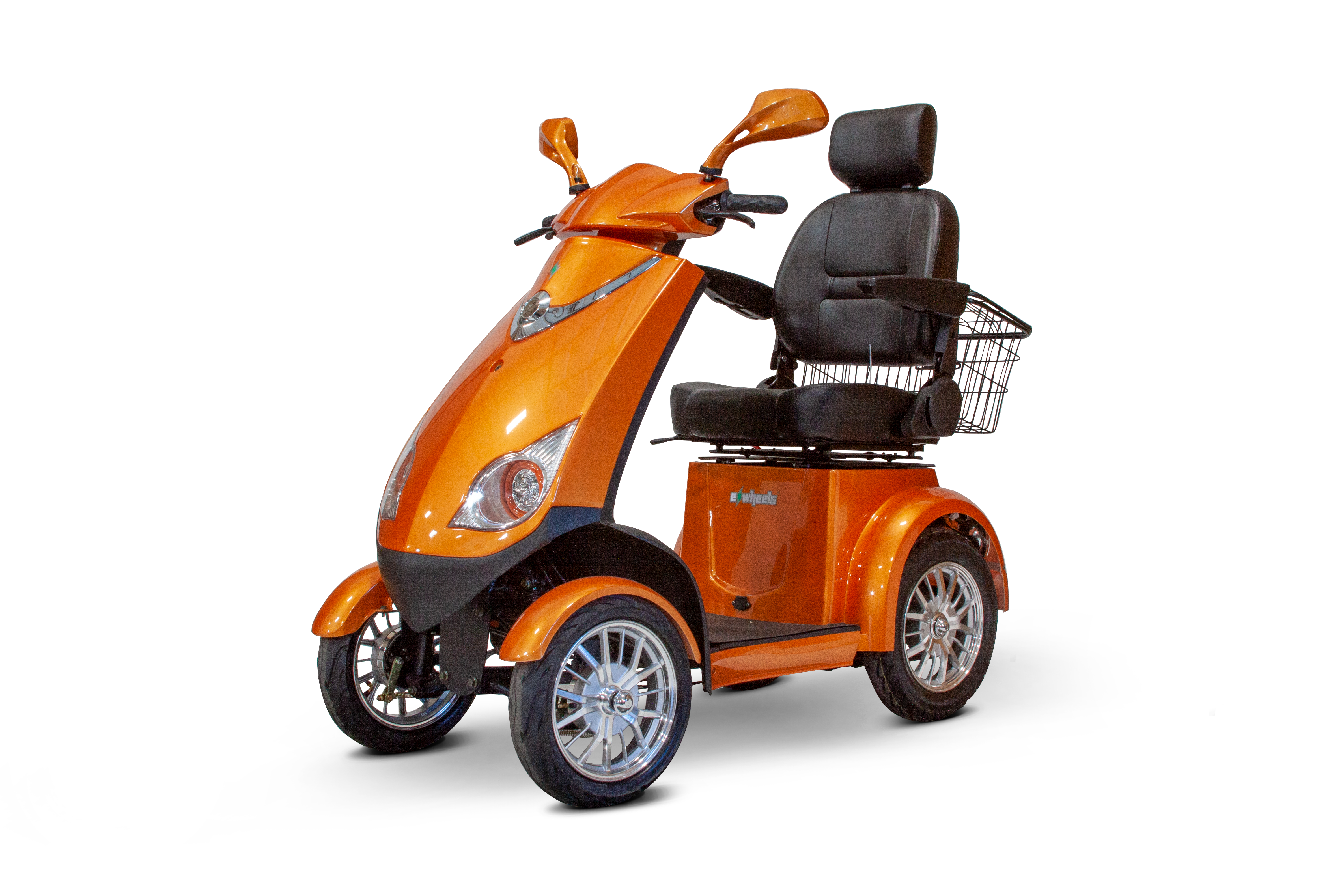 ew-72 electric scooter color orange- four wheeled type- with a captain deluxe seat 