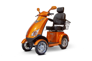 ew-72 electric scooter color orange- four wheeled type- with a captain deluxe seat 