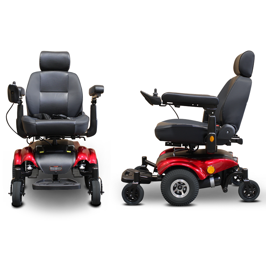 ew-m48 power electric wheelchair- side and front image , color red and black, fully assembled, unfolded BY EWHEELS MEDICAL - PUREUPS 