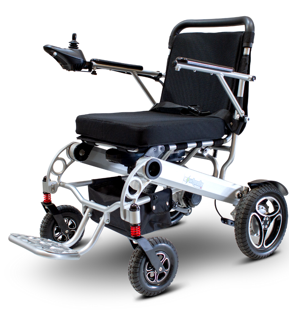ewheels medical ew-m43 electric wheelchair - foldable and lightweight - fully assembled - full image - color silver and black - PUREUPS 