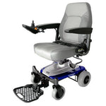 side view of the smartie electric wheelchair color blue with captain seat and joystick - foot and arm rests- PUREUPS 