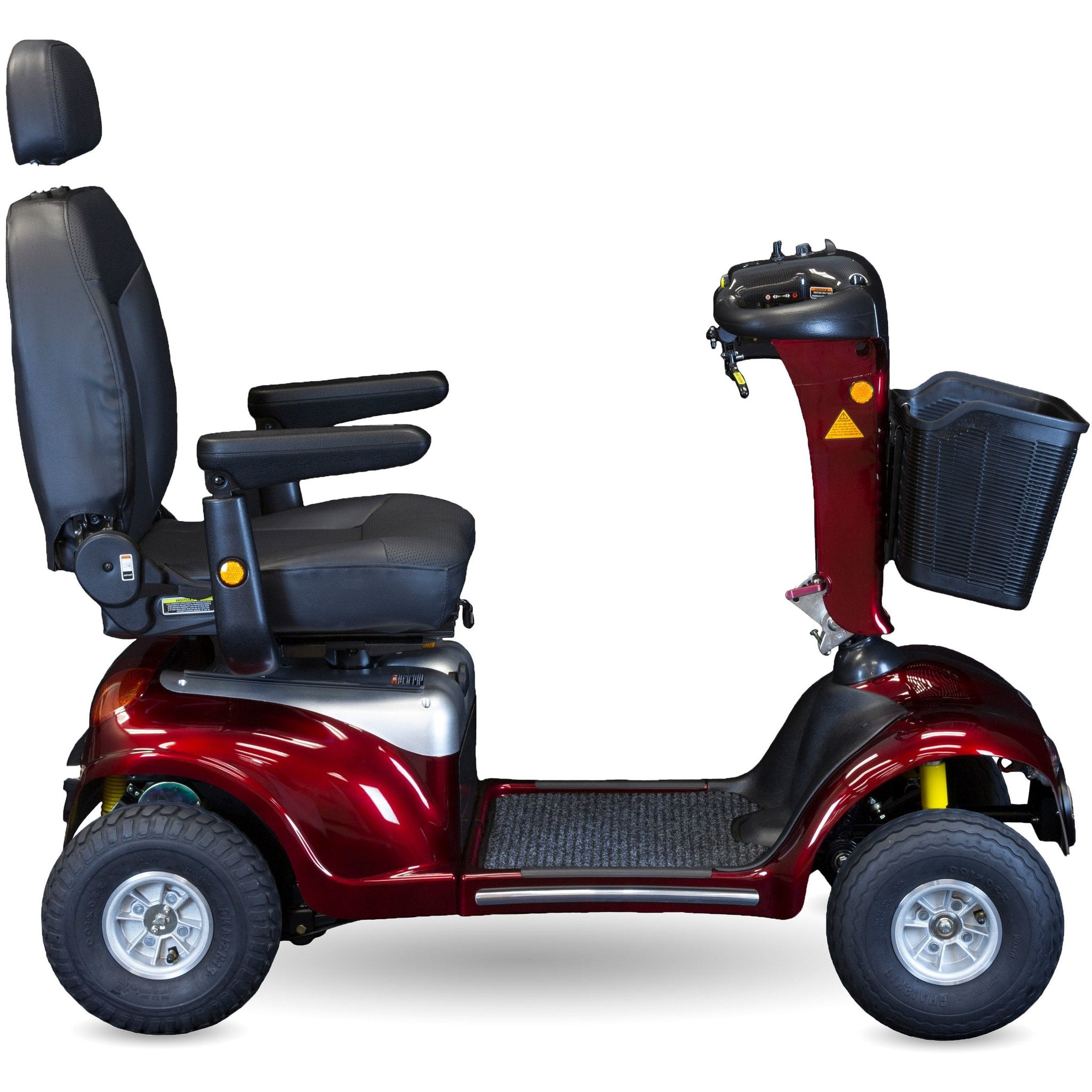 Side image of the shoprider enduro xl 4 four mobility scooter with a captain swivel seat and a basket attached in the front - PUREUPS 