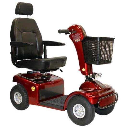 side view of the shoprider spinter xl 4 wheel mobility scooter heavy duty travel scpooter- color red with captin chair and arm rests - basket attached in the front - swivel chair- PUREUPS 