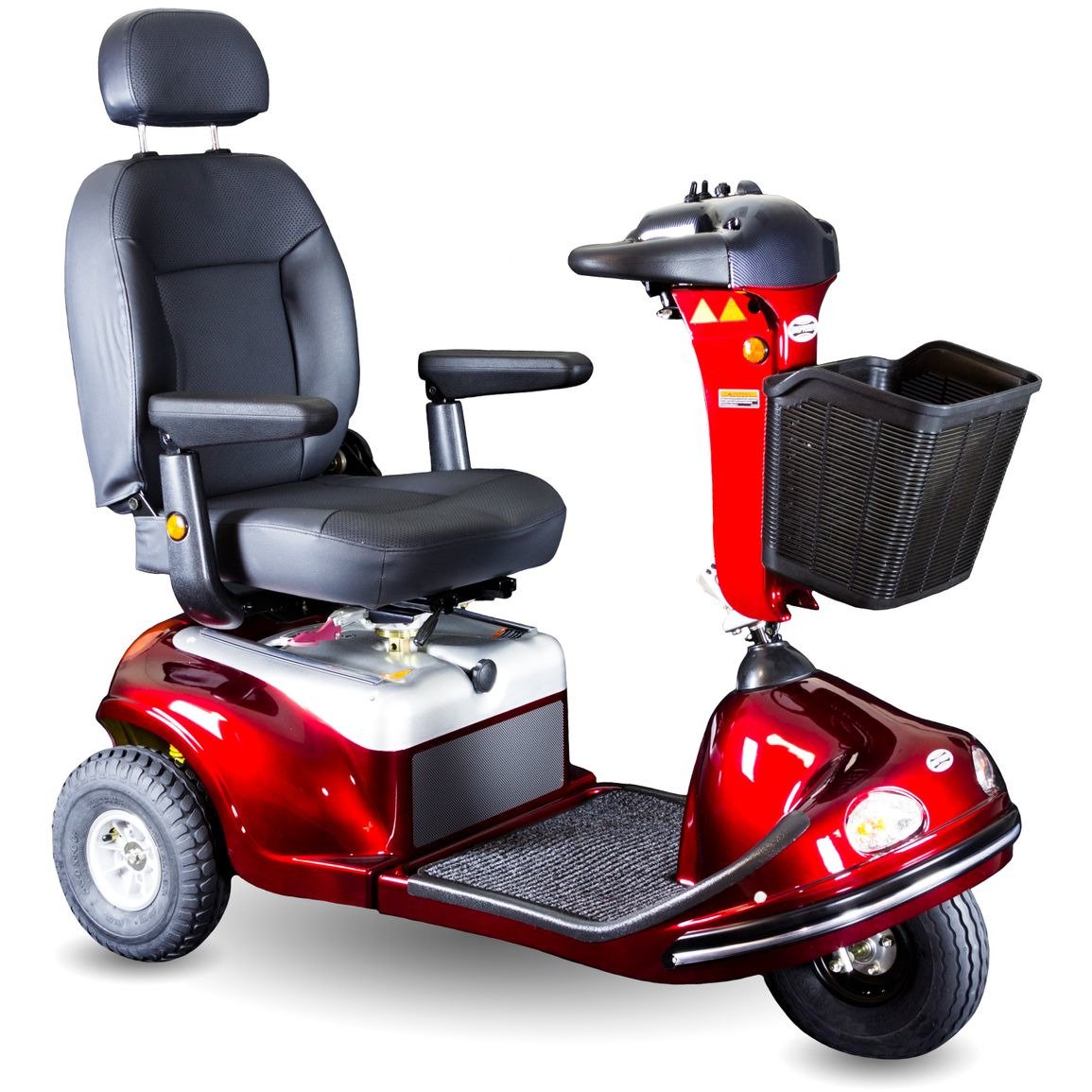 Side view image of the shoprider enduro xl 3 wheel mobility scooter - color red- captain swivel chair with armrests - basket attached in the front for extra storage - PUREUPS 