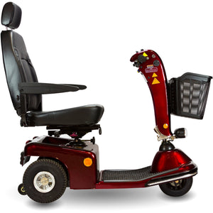 side view of the shoprider Sunrunner 3 wheel mid size mobility scooter - color res with a captin chair - PUREUPS 