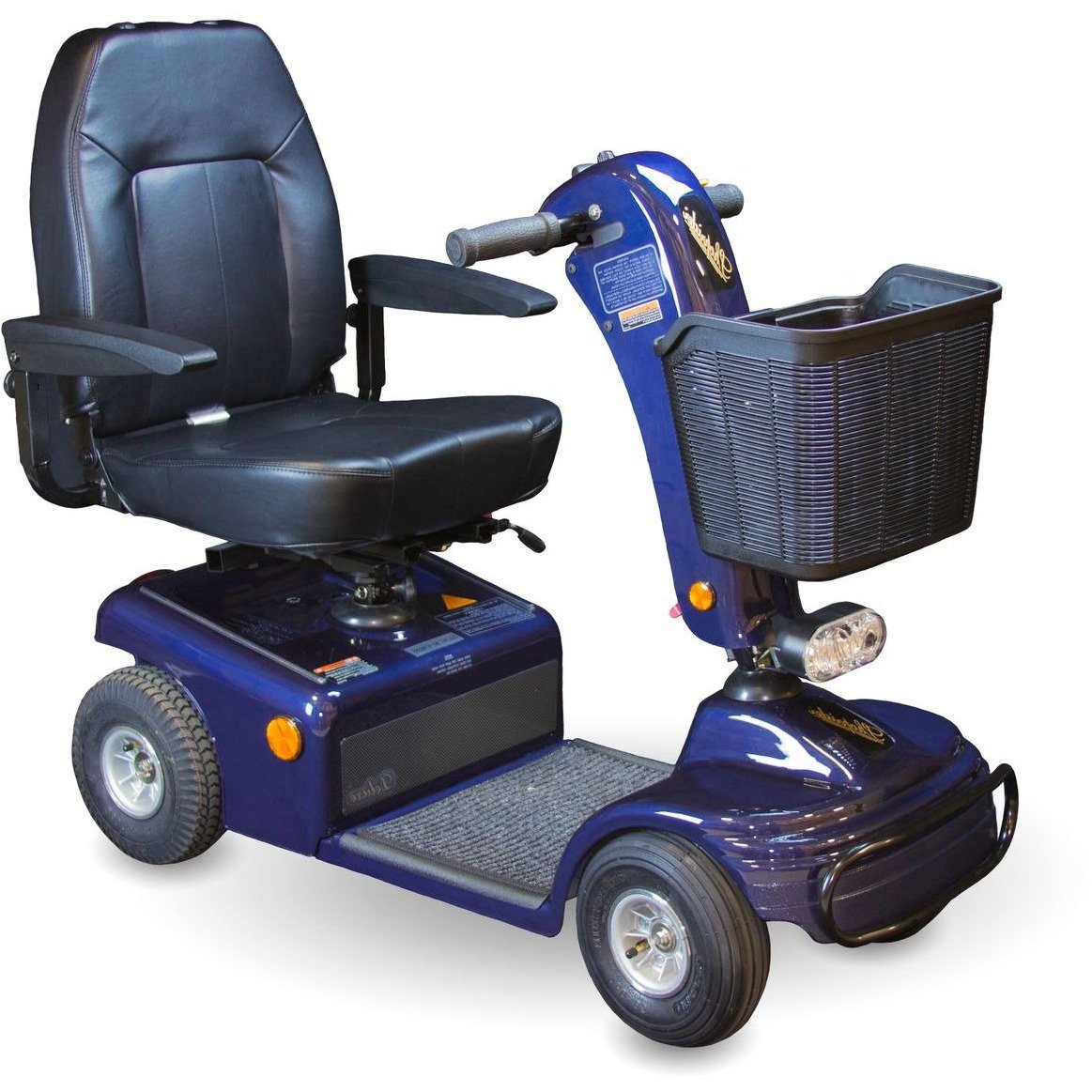side image of the shopridder sunrunner 4 wheel mobility scooter color blue and black with a basket attached in the front- PUREUPS 