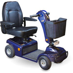 side image of the shopridder sunrunner 4 wheel mobility scooter color blue and black with a basket attached in the front- PUREUPS 